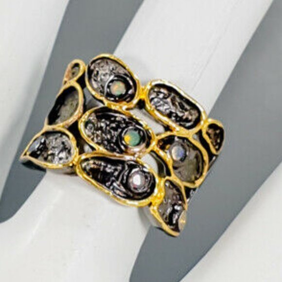 Artisan Opal Sterling & 14 kt Gold Ring - Picture 2 of 8